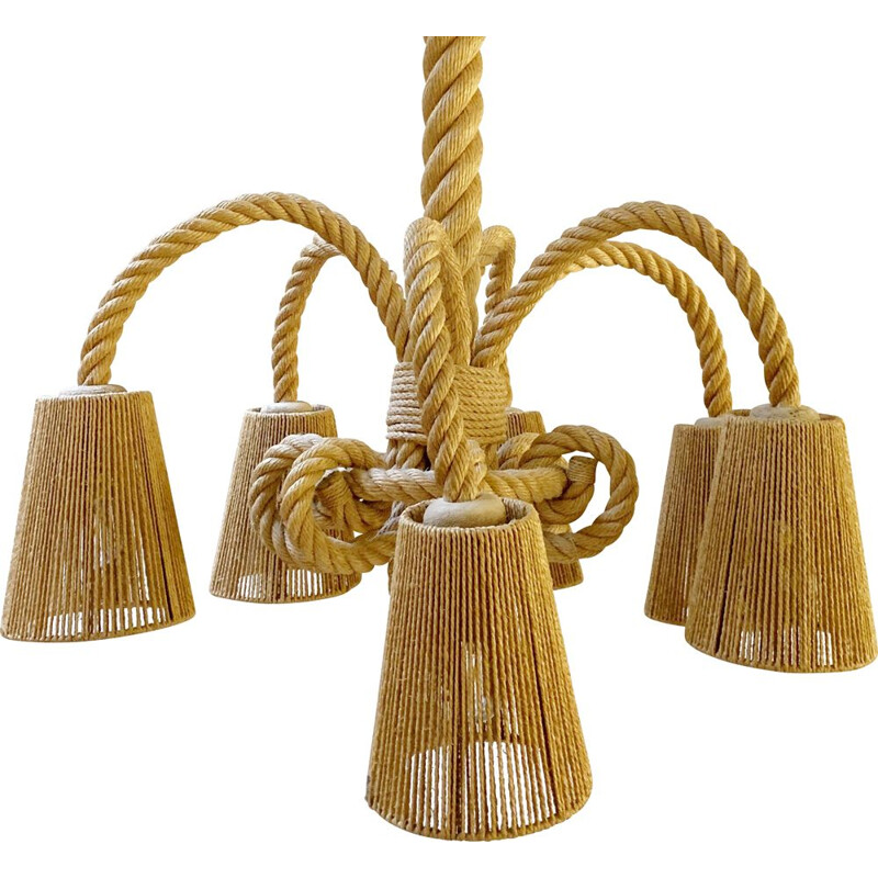 Mid-century rope chandelier by Audoux Minet, France 1970s