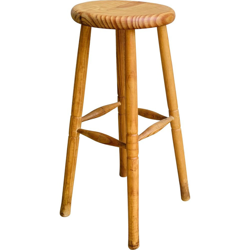 Vintage high stool in turned wood, 1970-1980