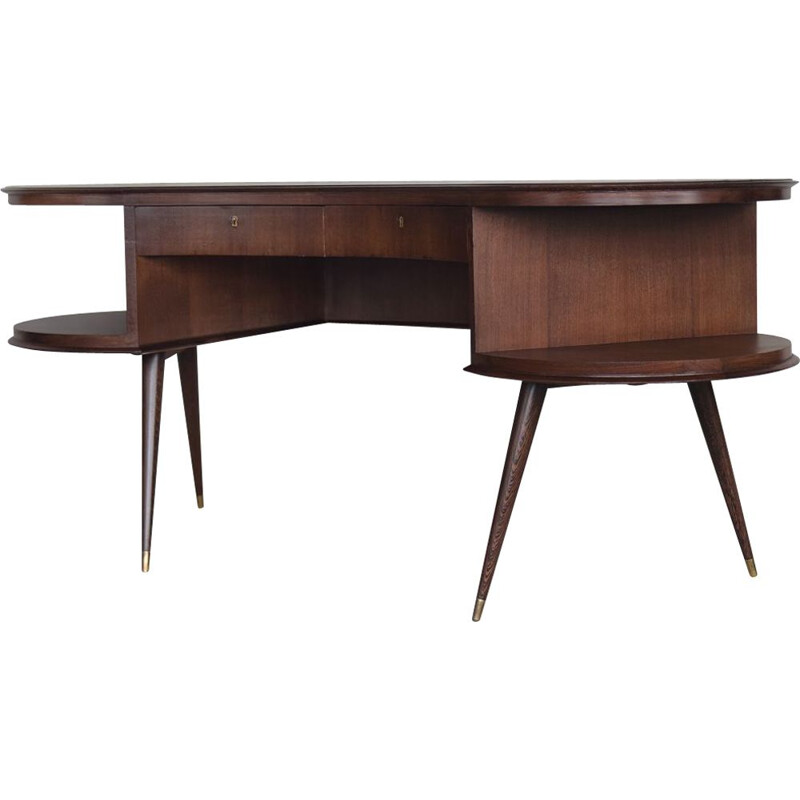 Customized vintage boomerang desk in wenge wood with organic shape, Netherlands 1960