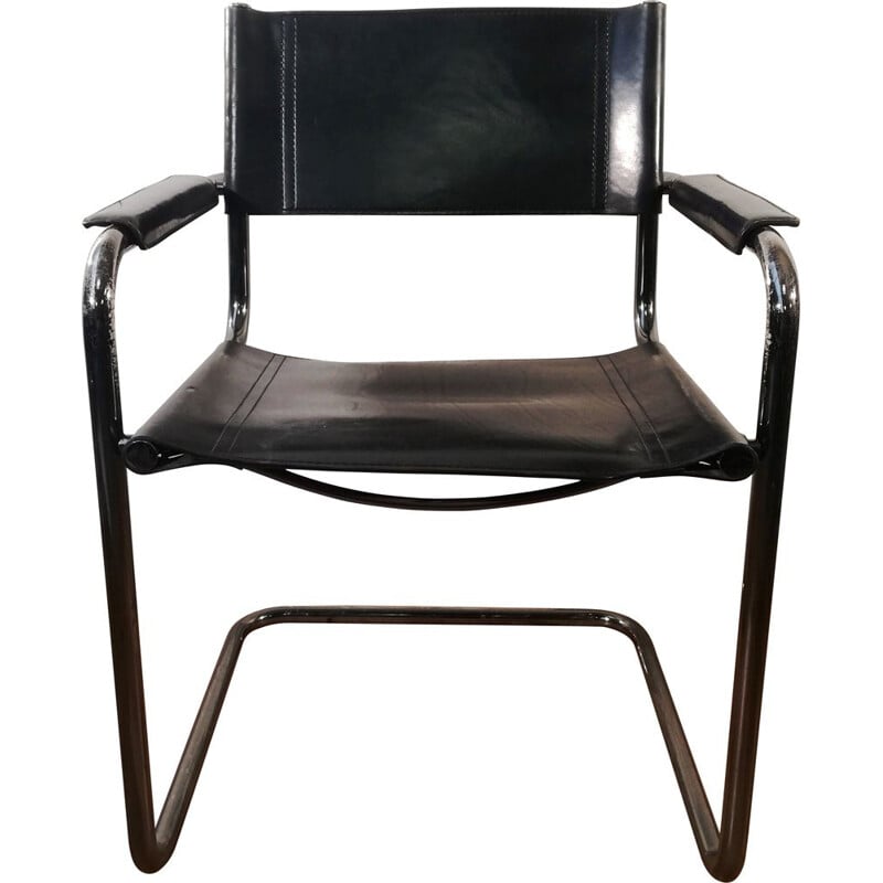 Chaise vintage B34 en cuir noir et structure en aluminium par Marcel Breuer