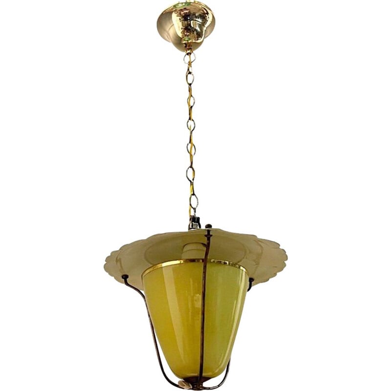 Suspension italienne vintage en verre opalin jaune, 1950