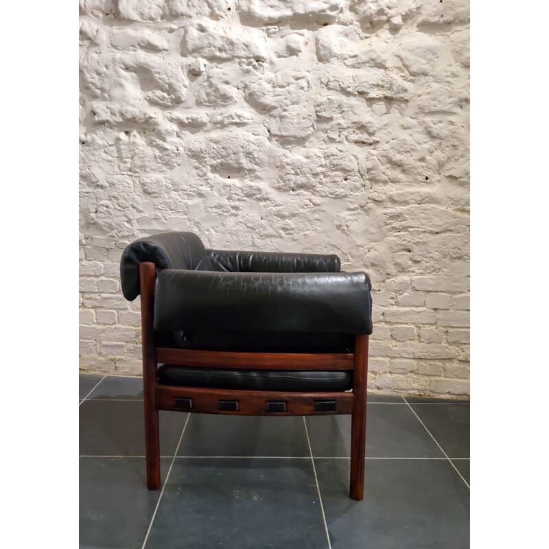 Fauteuil avec ottoman vintage en cuir noir par Sven Ellekaer pour Coja, 1970