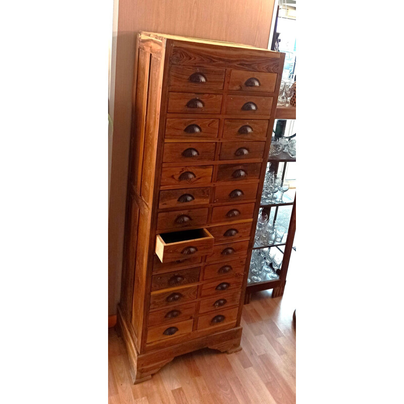 Vintage solid teak printer's cabinet with 26 drawers, 1930