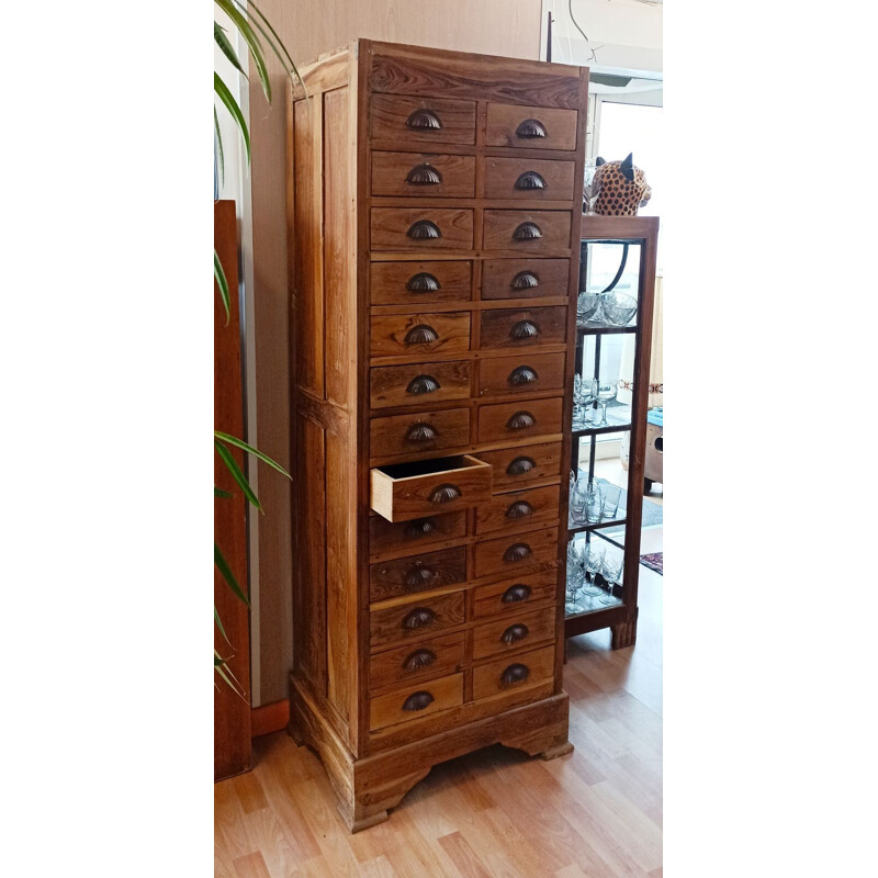 Vintage solid teak printer's cabinet with 26 drawers, 1930