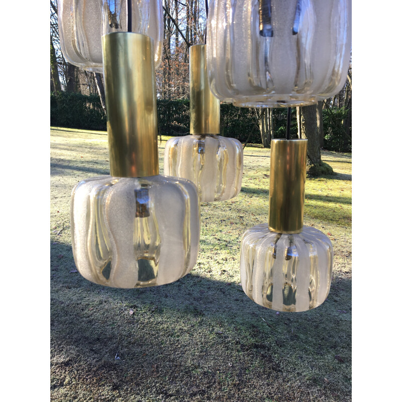 Vintage 5-armed hanging lamp in glass and brass - 1960s