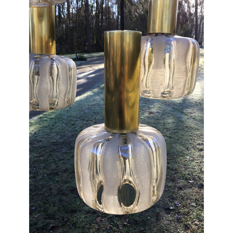 Vintage 5-armed hanging lamp in glass and brass - 1960s