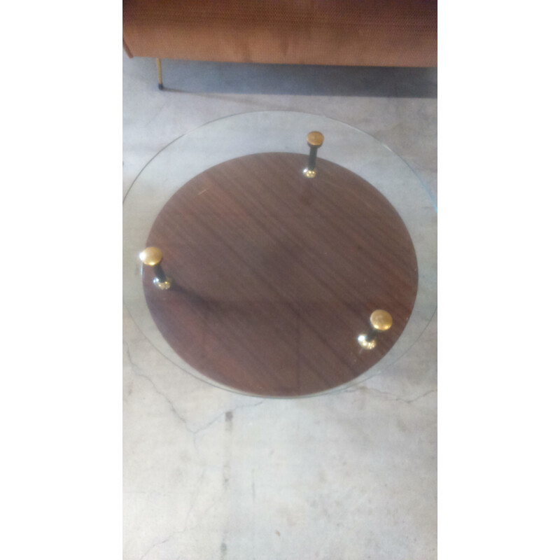Coffee table in glass, wood and brass - 1960s