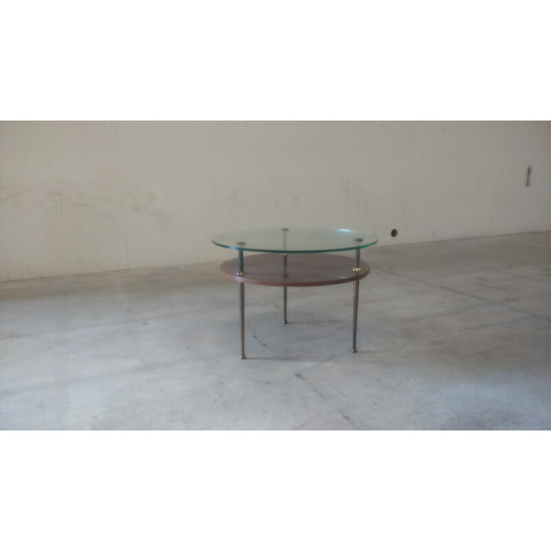 Coffee table in glass, wood and brass - 1960s