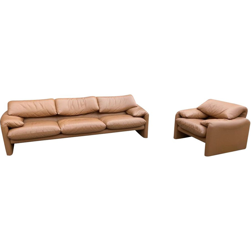 Vintage living room set in cognac leather by Vico Magistretti for Cassina, 1970