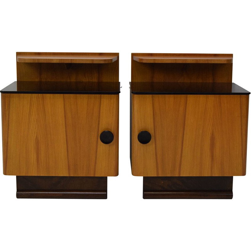 Pair of mid-century wood and glass night stands, Czechoslovakia 1960s