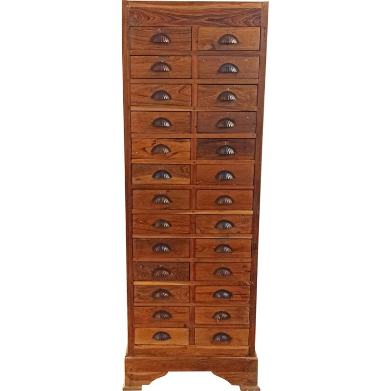 Vintage solid teak printer's cabinet with 26 drawers, 1930