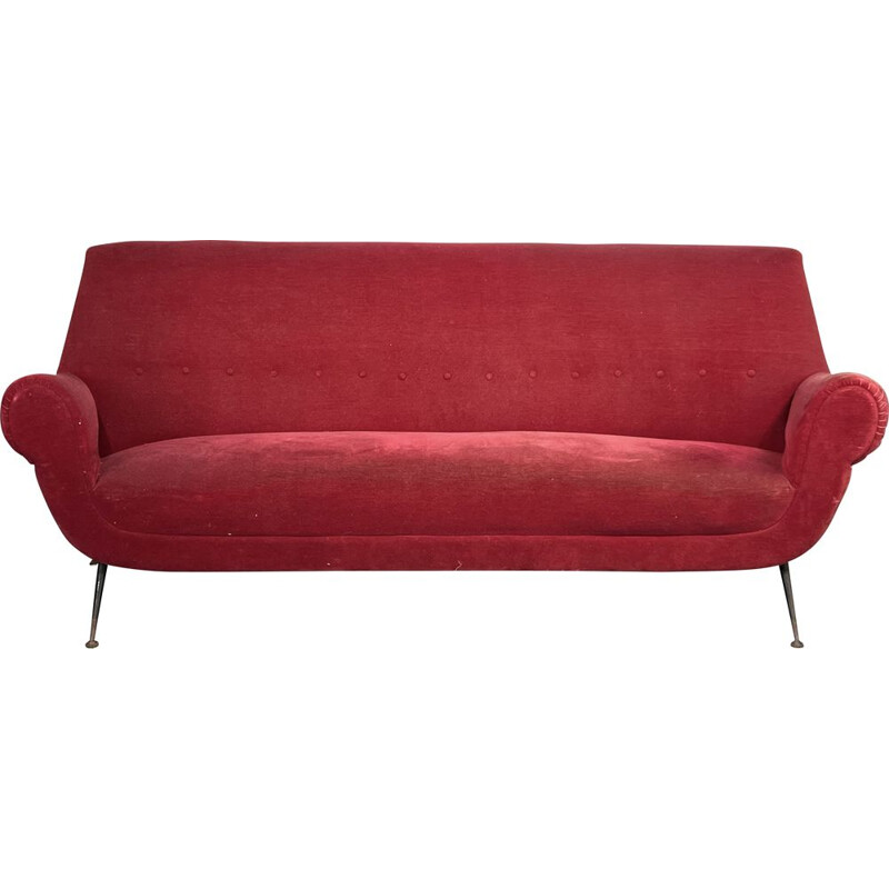 Sofá vintage de terciopelo rojo de Gigi Radice para Minotti, Italia 1950