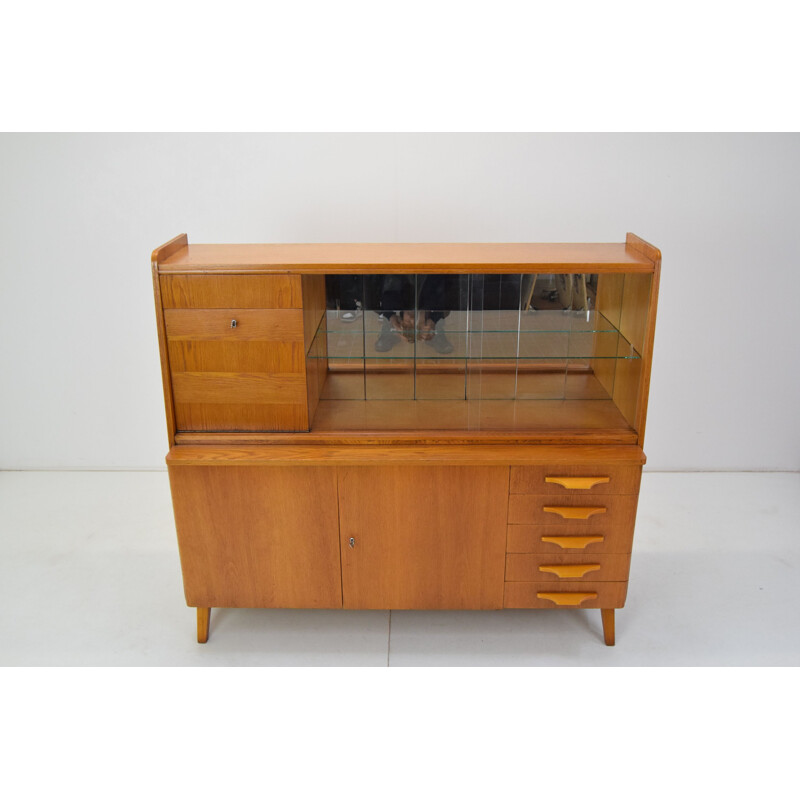 Vintage oak and glass secretary, Czechoslovakia 1960