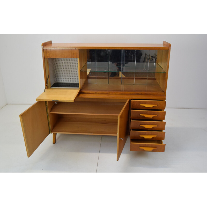 Vintage oak and glass secretary, Czechoslovakia 1960