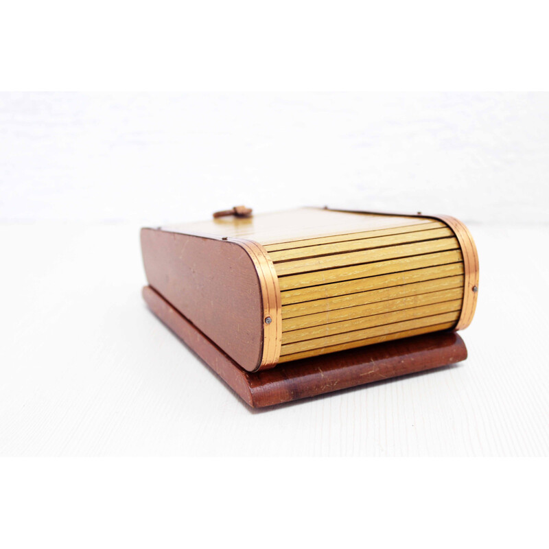 Vintage Art Deco cigar box in beech wood and copper, 1930