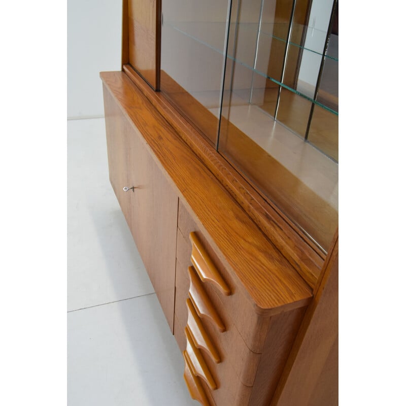 Vintage oak and glass secretary, Czechoslovakia 1960