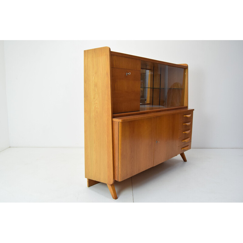 Vintage eiken en glazen bureau, Tsjechoslowakije 1960