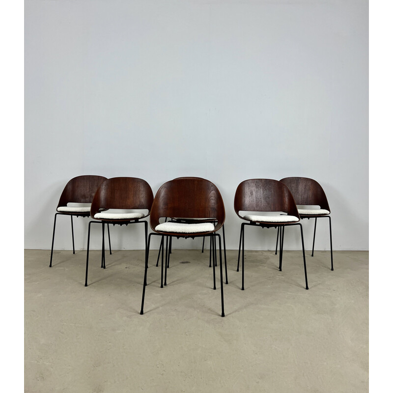 Set of 7 vintage plywood chairs in teak and white fabric by Léon Stynen for Sope, Finland 1960s