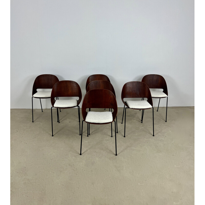 Ensemble de 7 chaises vintage en contreplaqué, teck et tissu blanc par Léon Stynen pour Sope, Finlande 1960