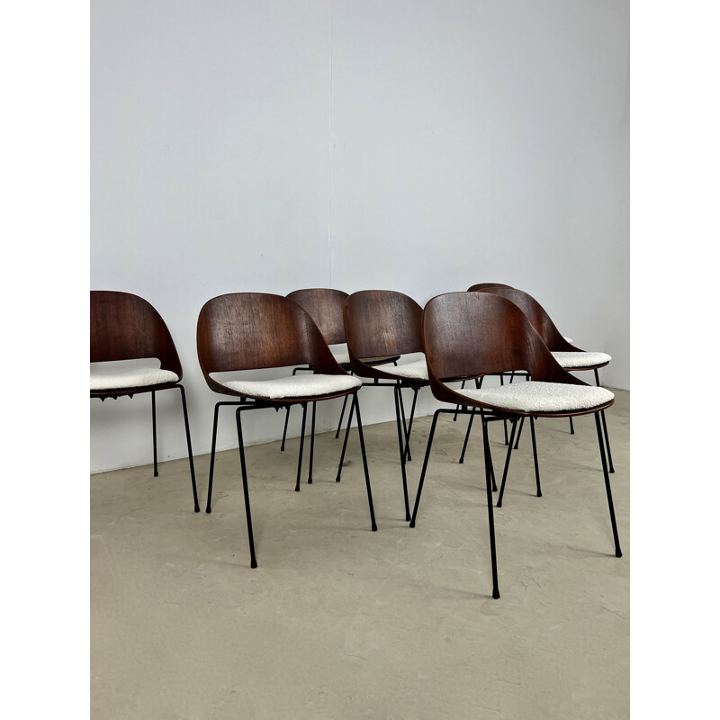 Set of 7 vintage plywood chairs in teak and white fabric by Léon Stynen for Sope, Finland 1960s