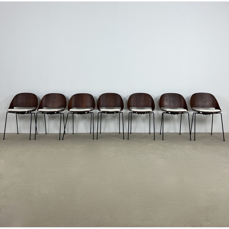 Set di 7 sedie vintage in compensato, teak e tessuto bianco di Leon Stynen per Sope, Finlandia 1960
