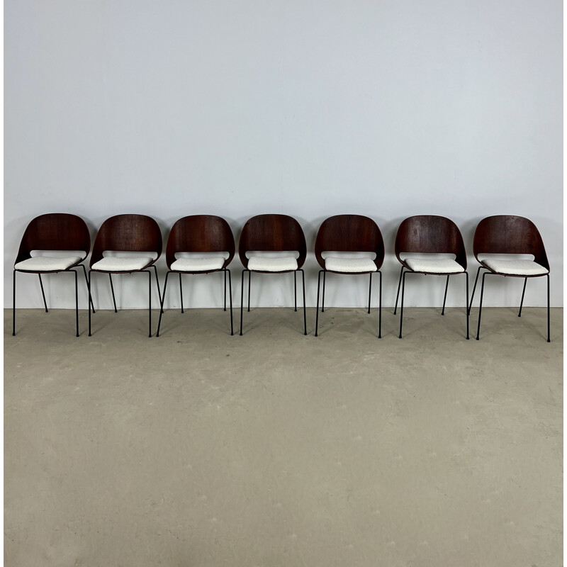 Set di 7 sedie vintage in compensato, teak e tessuto bianco di Leon Stynen per Sope, Finlandia 1960