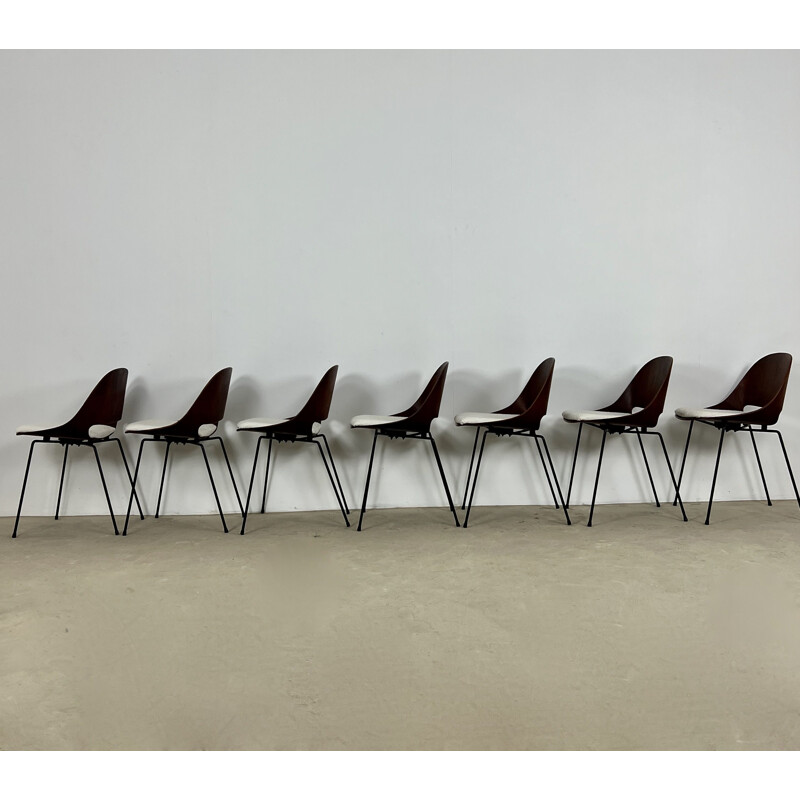 Set aus 7 Vintage-Stühlen aus Sperrholz, Teakholz und weißem Stoff von Leon Stynen für Sope, Finnland 1960