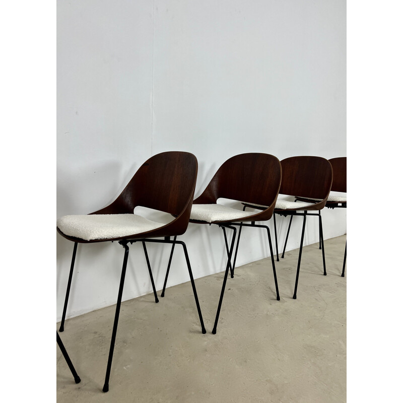 Set of 7 vintage plywood chairs in teak and white fabric by Léon Stynen for Sope, Finland 1960s