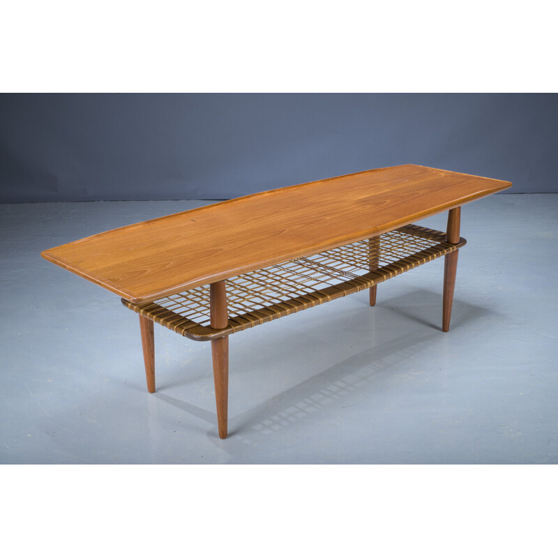 Mid-century coffee table in teak & rattan