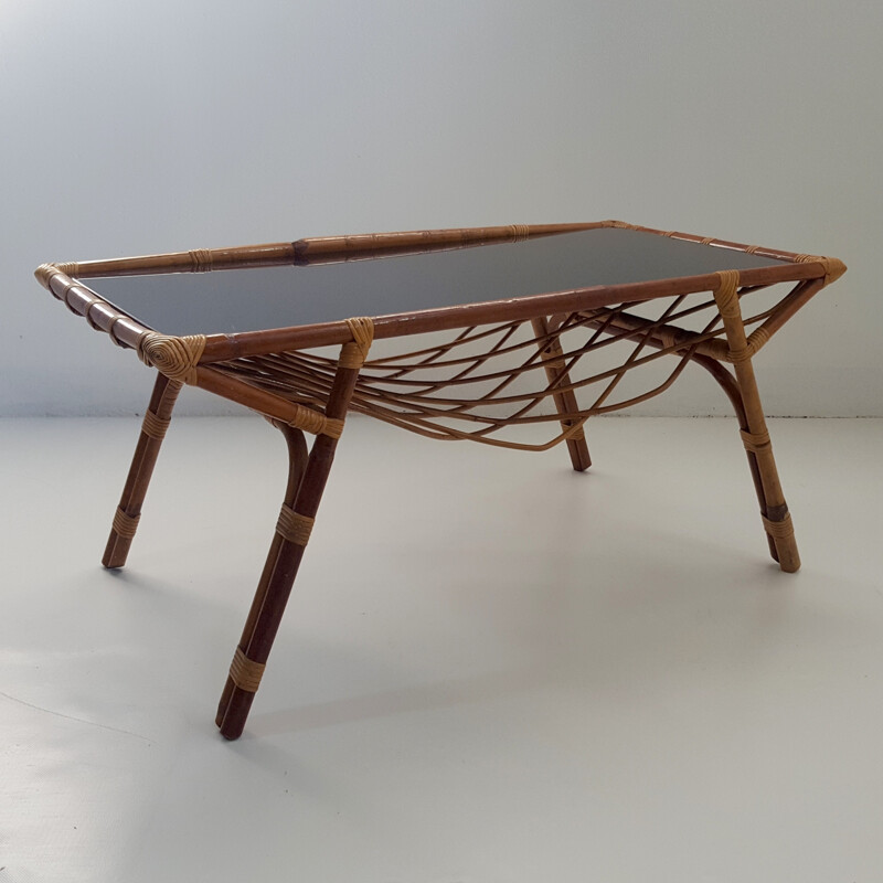 Rectangular coffee table in rattan and black glass - 1960s