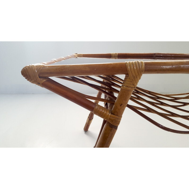 Rectangular coffee table in rattan and black glass - 1960s