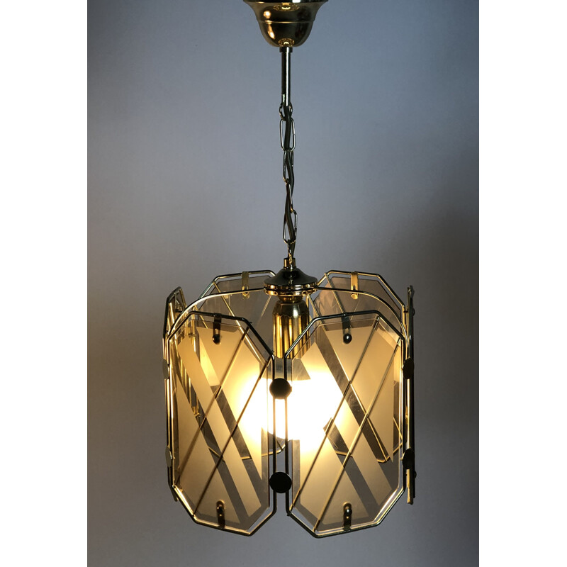 Vintage brass and white glass chandelier by Giemme, Italy 1970