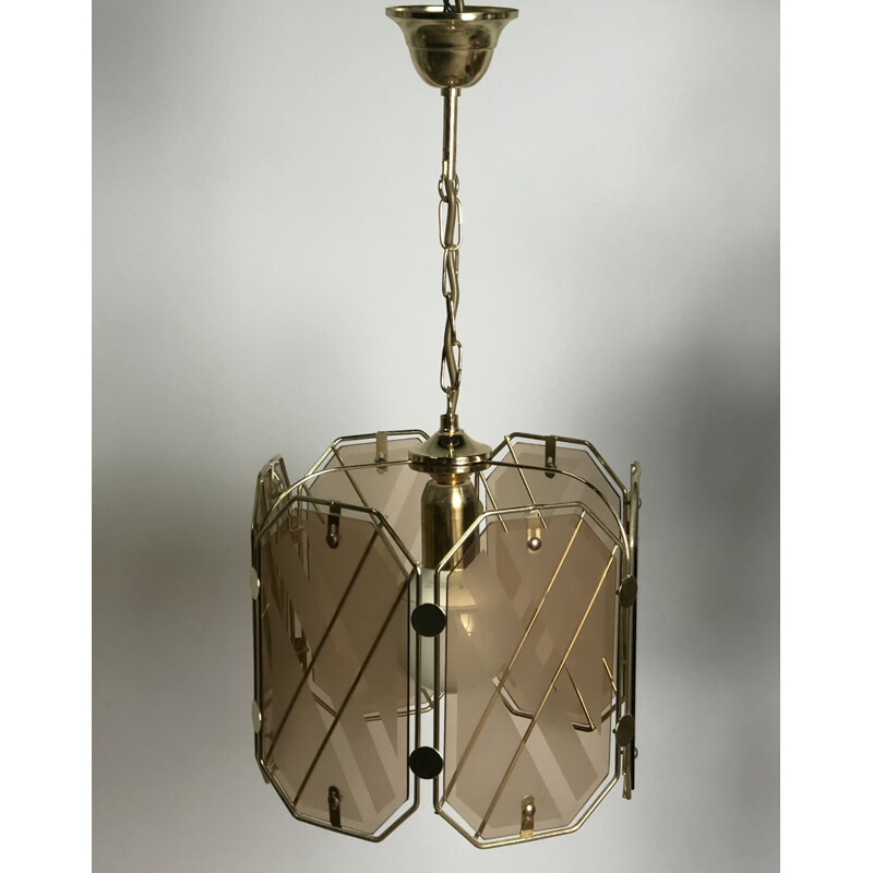 Vintage brass and white glass chandelier by Giemme, Italy 1970