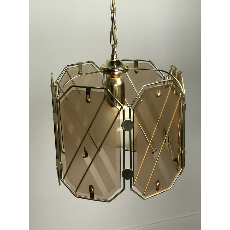 Vintage brass and white glass chandelier by Giemme, Italy 1970