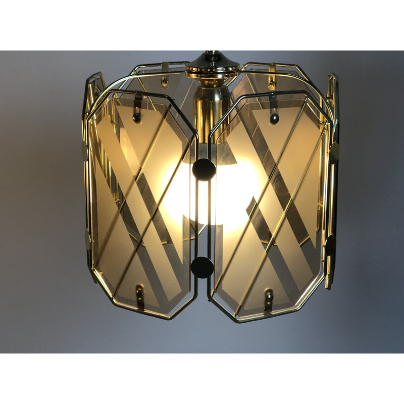 Vintage brass and white glass chandelier by Giemme, Italy 1970