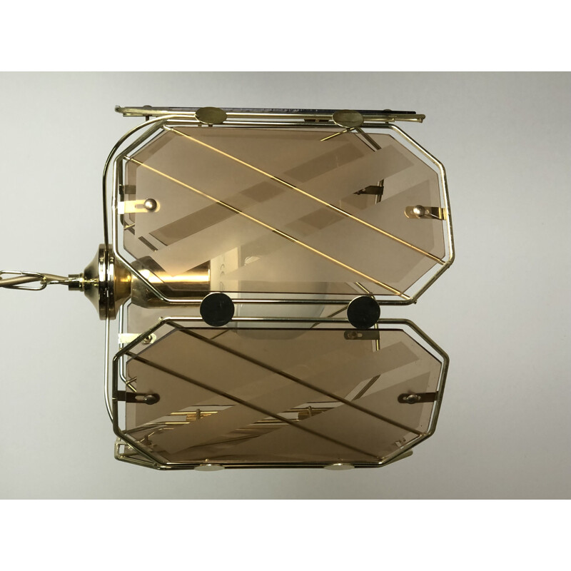 Vintage brass and white glass chandelier by Giemme, Italy 1970
