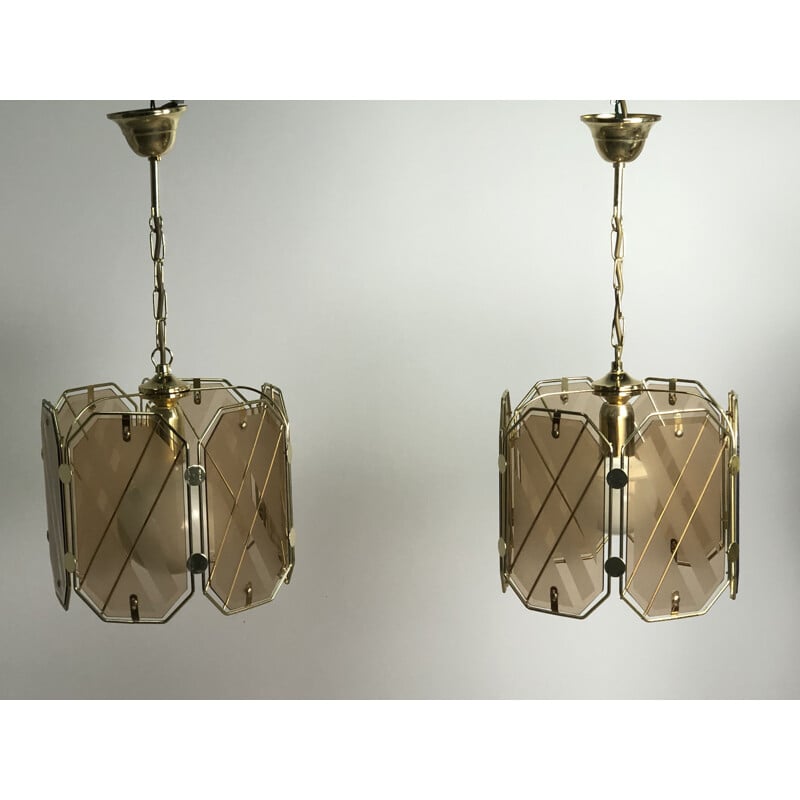 Vintage brass and white glass chandelier by Giemme, Italy 1970