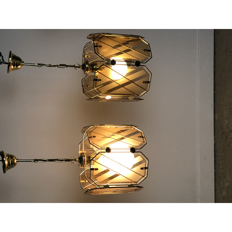 Vintage brass and white glass chandelier by Giemme, Italy 1970