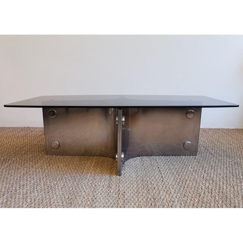 Vintage coffee table in metal and smoked glass, 1970