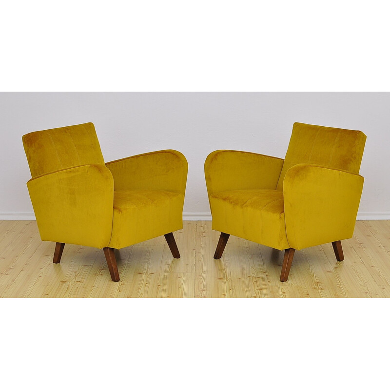 Pair of vintage yellow velvet armchairs, 1960s