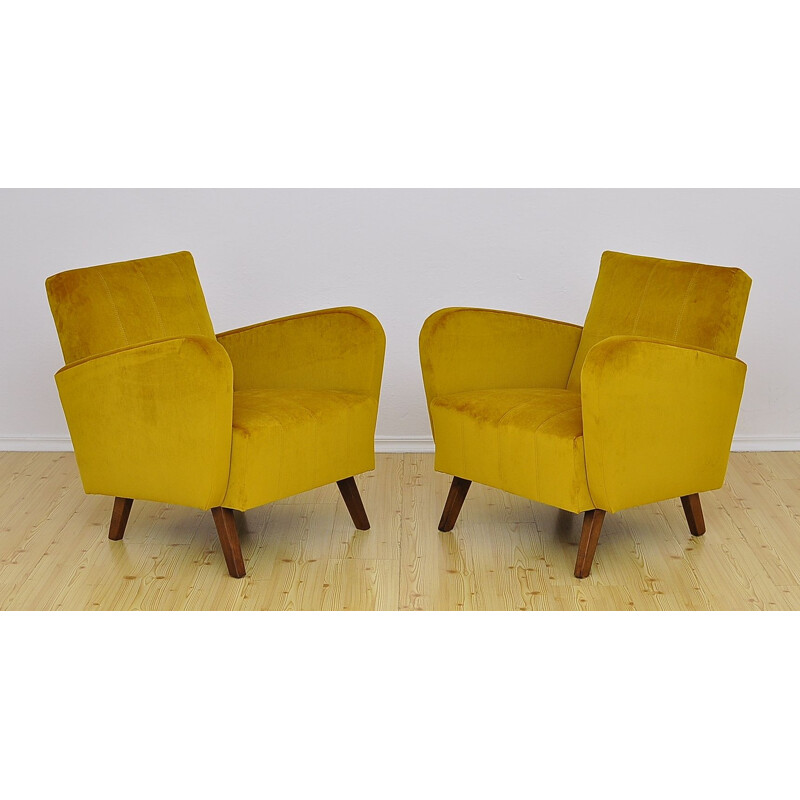 Paire de fauteuils vintage en velours jaune, 1960