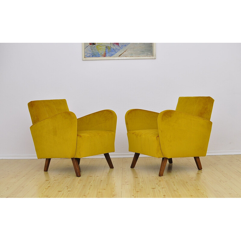 Pair of vintage yellow velvet armchairs, 1960s