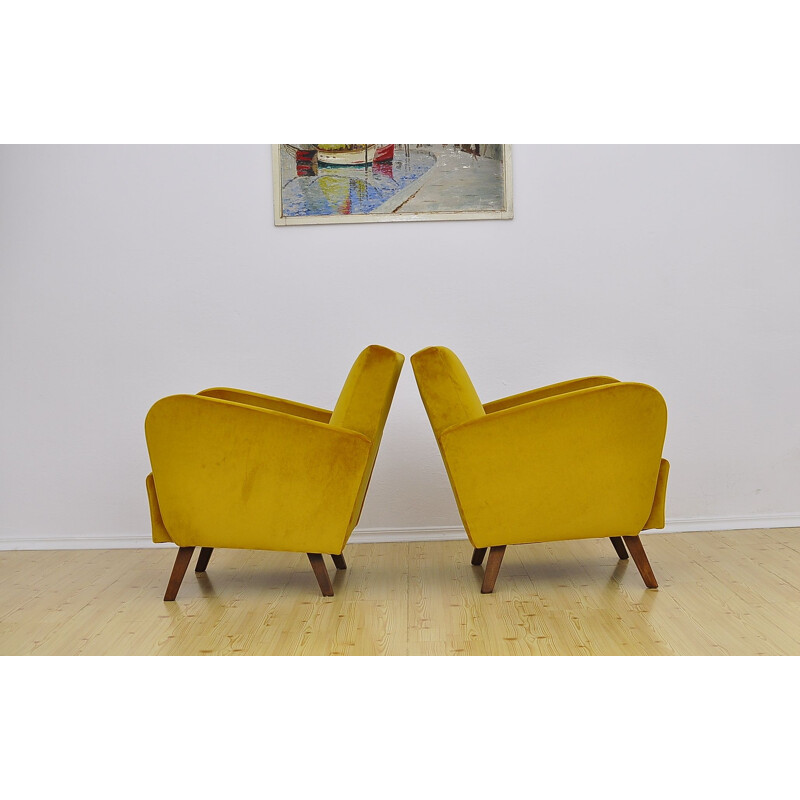 Pair of vintage yellow velvet armchairs, 1960s