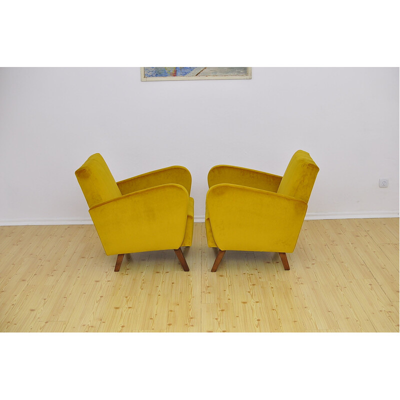 Pair of vintage yellow velvet armchairs, 1960s