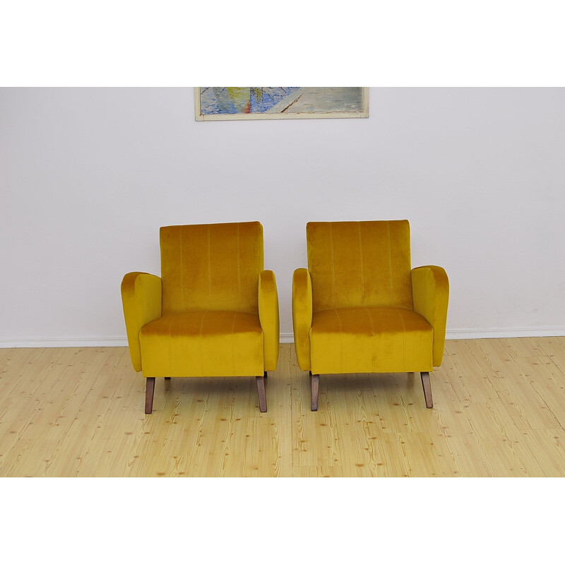 Pair of vintage yellow velvet armchairs, 1960s