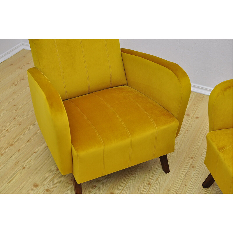 Pair of vintage yellow velvet armchairs, 1960s