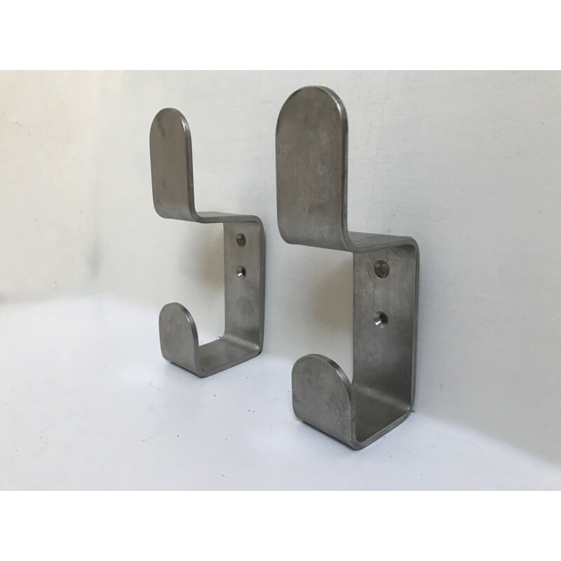 Pair of vintage brushed steel coat hooks by Etienne Fermigie