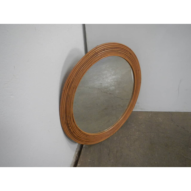 Ronde vintage rieten spiegel