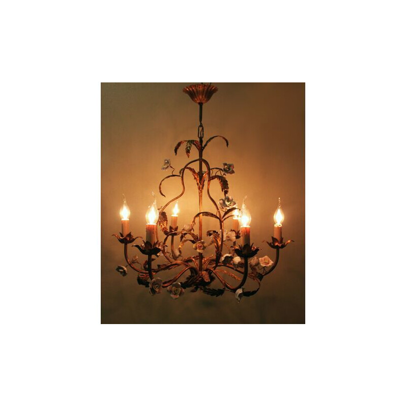 Vintage gilt metal chandelier with porcelain flowers, 1950