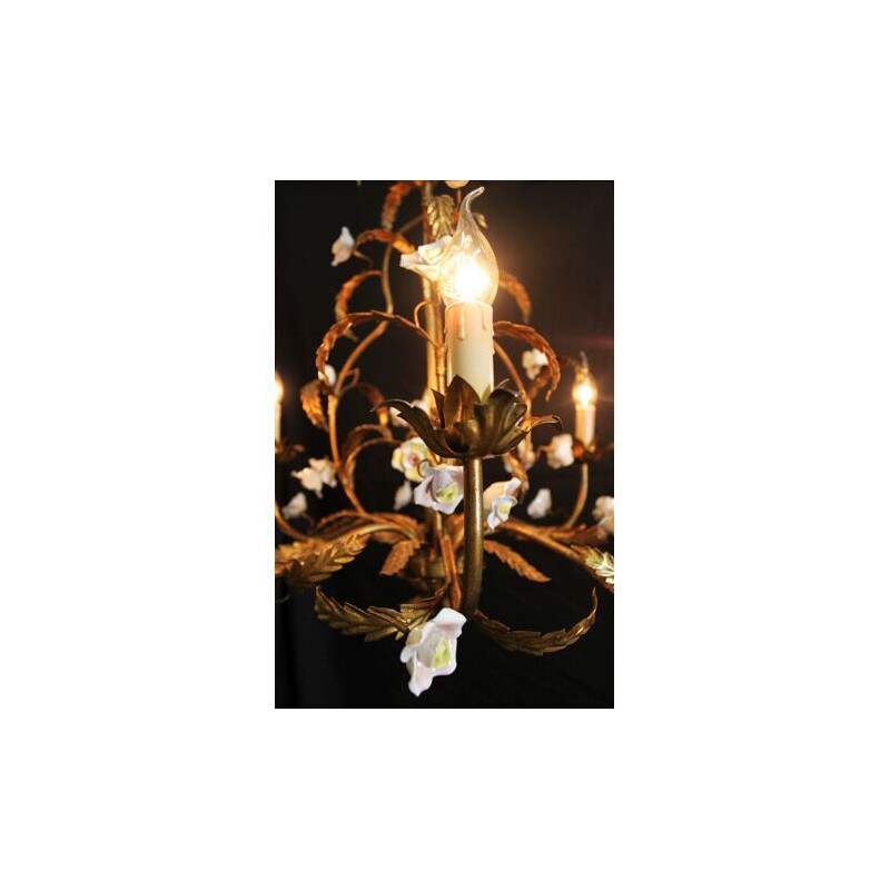 Vintage gilt metal chandelier with porcelain flowers, 1950